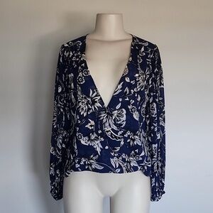 WHBM blue floral pleated sleeve open front blouse-6